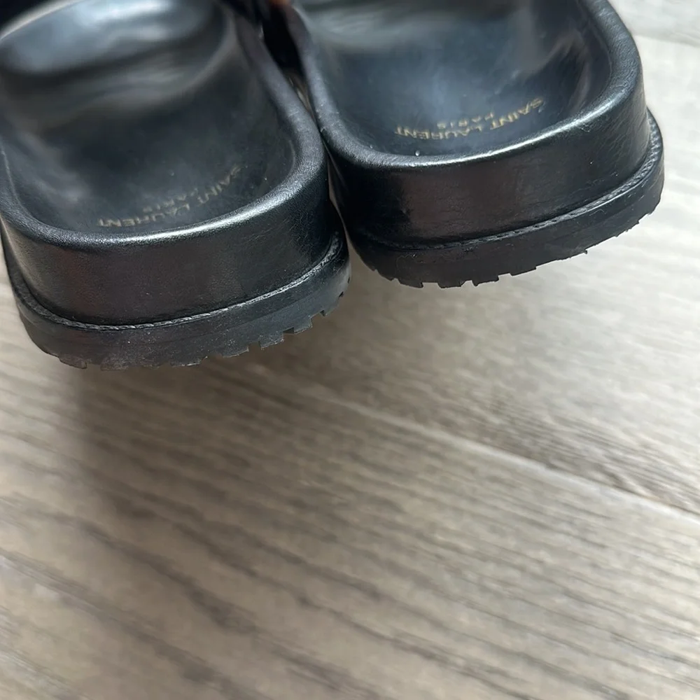 Saint Laurent Jimmy Logo Black Leather Embroidered Slide Sandals - Picture 5 of 6